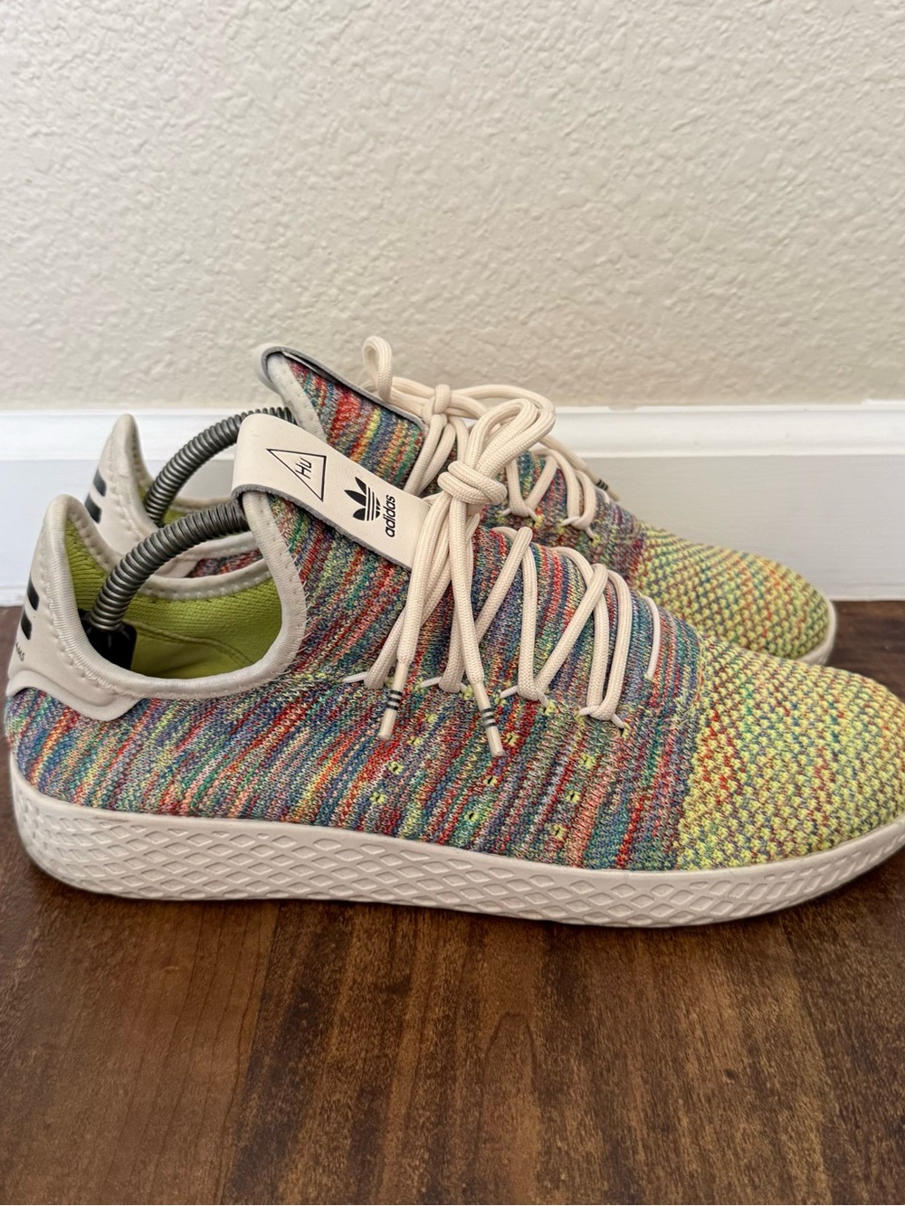 Size 9.5 Adidas Pharrell Williams Hu Multicolor Striped Knit Low Top Sneakers